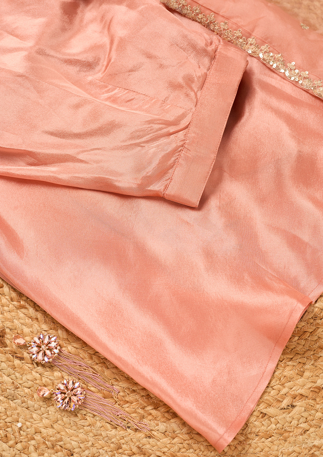 Peach Tissue Cutdana Straight Kurta With Sharara And Dupatta
