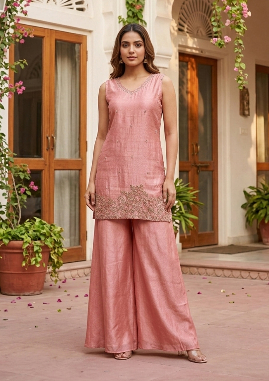 Peach Tissue Cutdana Straight Kurta With Sharara And Dupatta