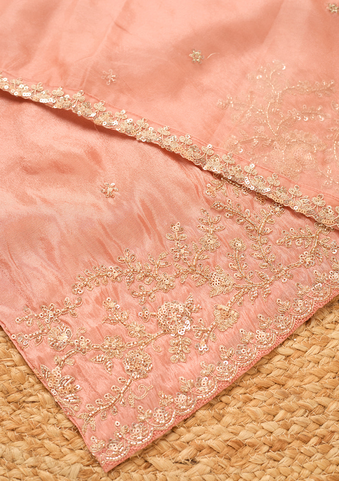 Peach Tissue Cutdana Straight Kurta With Sharara And Dupatta