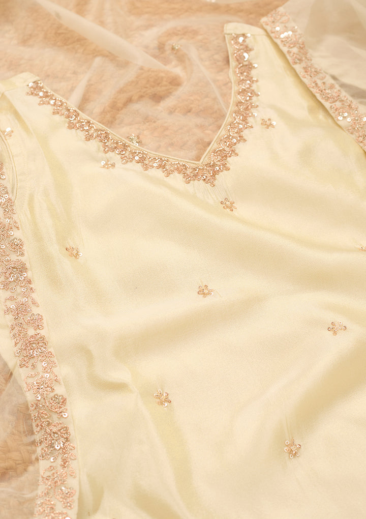 Cream Tissue Cutdana Straight Kurta With Sharara And Dupatta