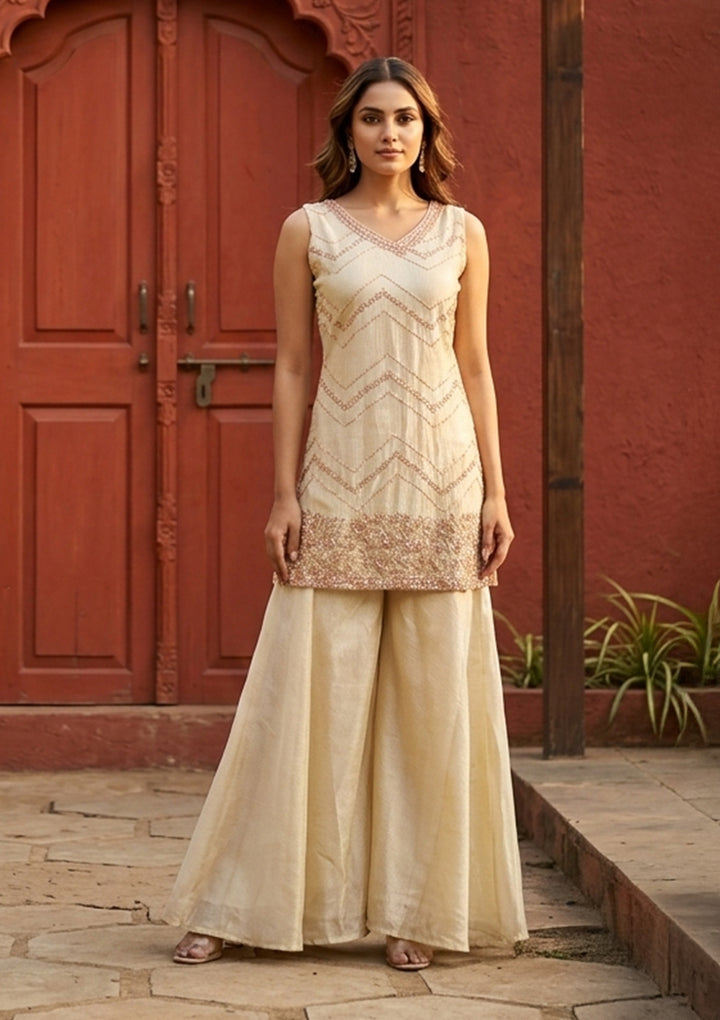 Cream Tissue Cutdana Straight Kurta With Sharara And Dupatta