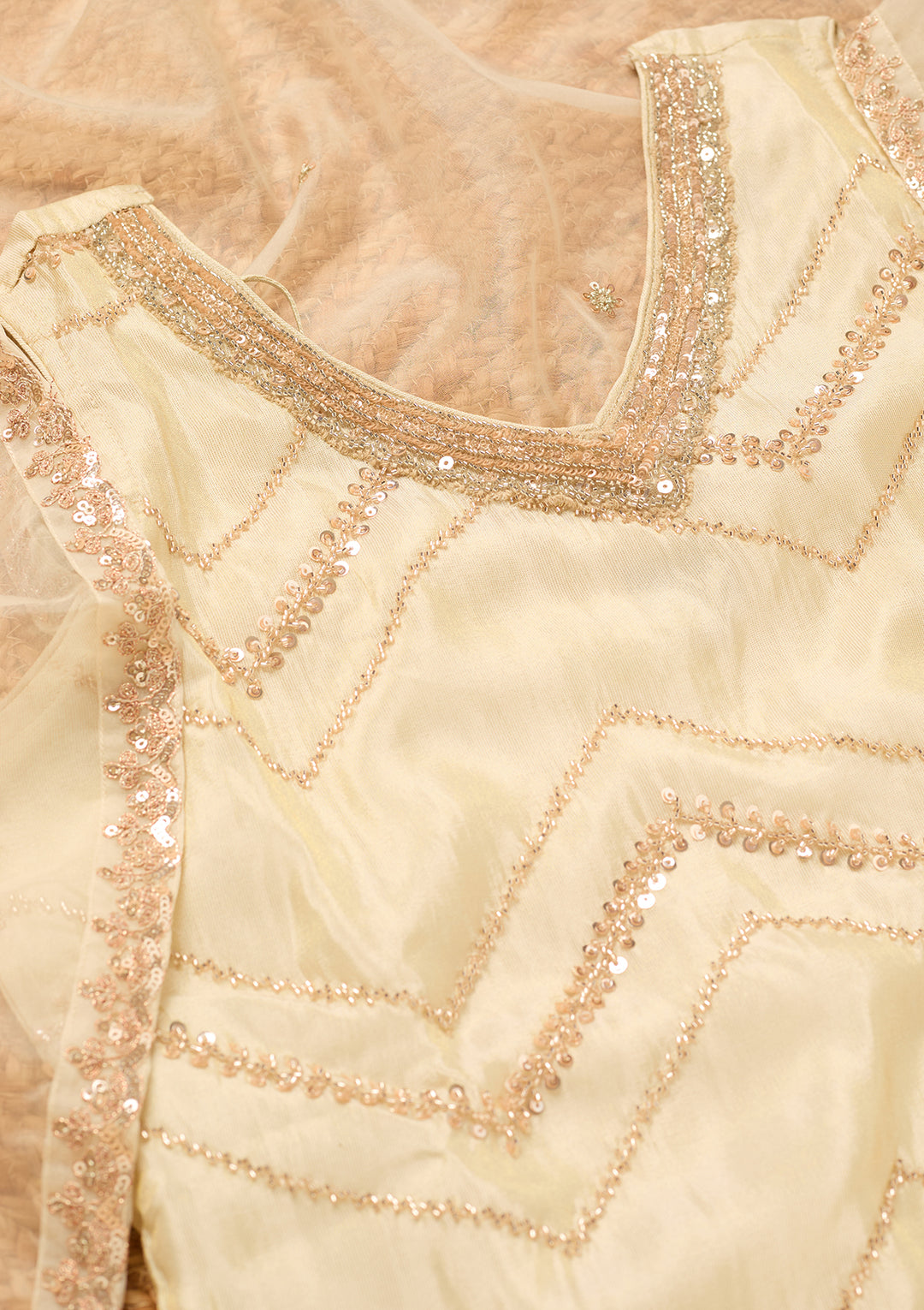 Cream Tissue Cutdana Straight Kurta With Sharara And Dupatta
