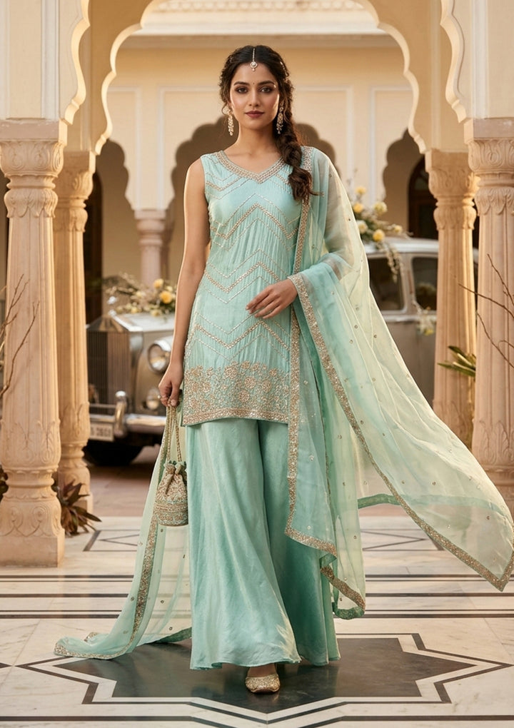 Pista Green Tissue Cutdana Straight Kurta With Sharara And Dupatta