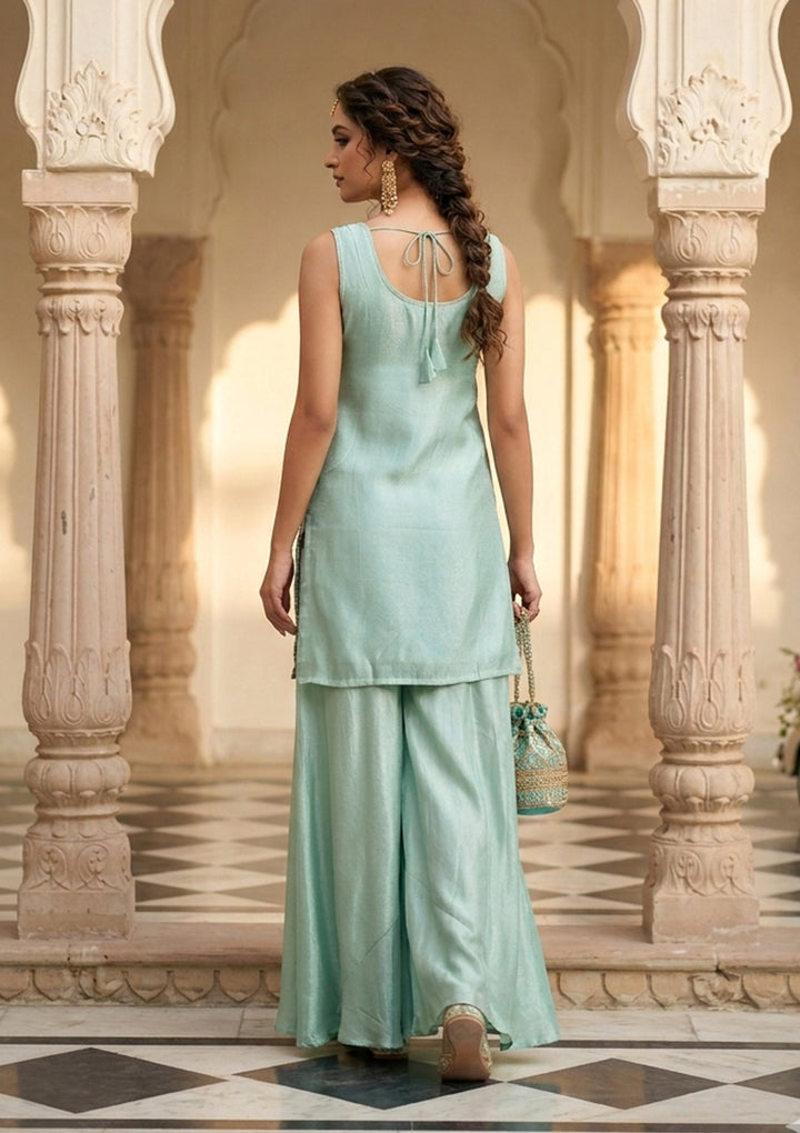 Pista Green Tissue Cutdana Straight Kurta With Sharara And Dupatta