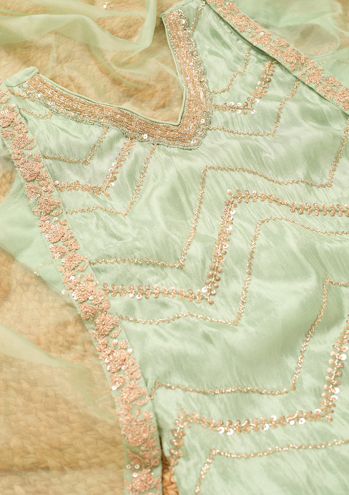Pista Green Tissue Cutdana Straight Kurta With Sharara And Dupatta