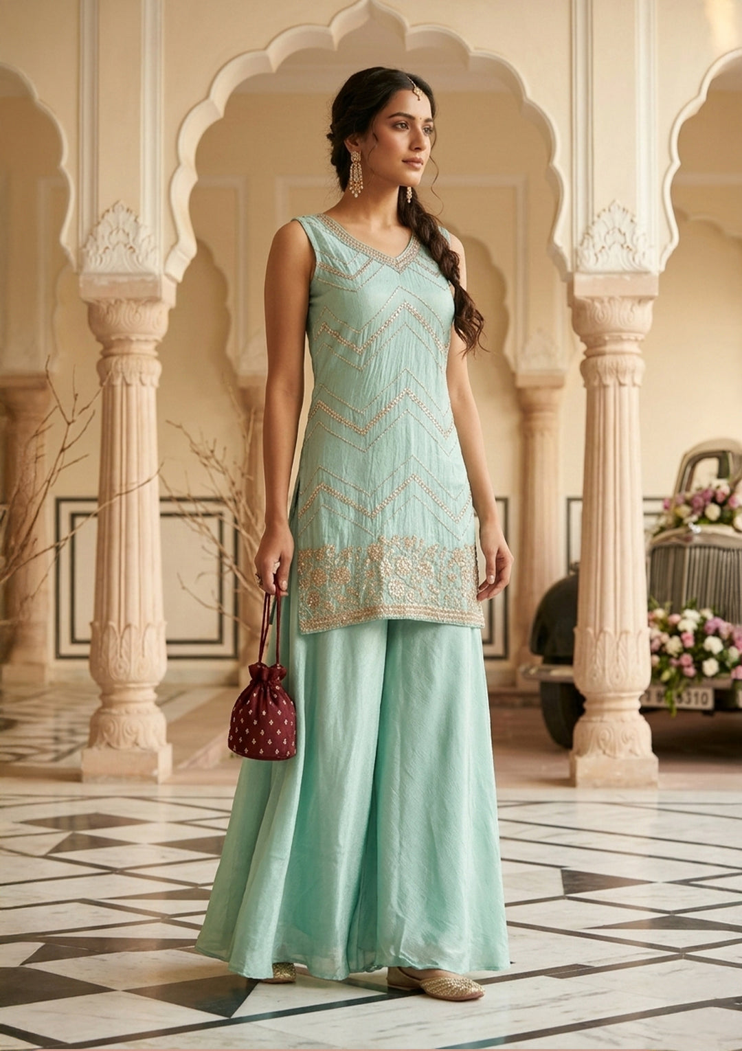 Pista Green Tissue Cutdana Straight Kurta With Sharara And Dupatta