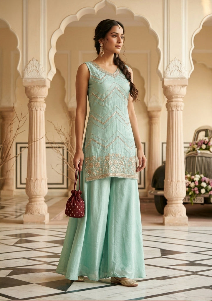 Pista Green Tissue Cutdana Straight Kurta With Sharara And Dupatta