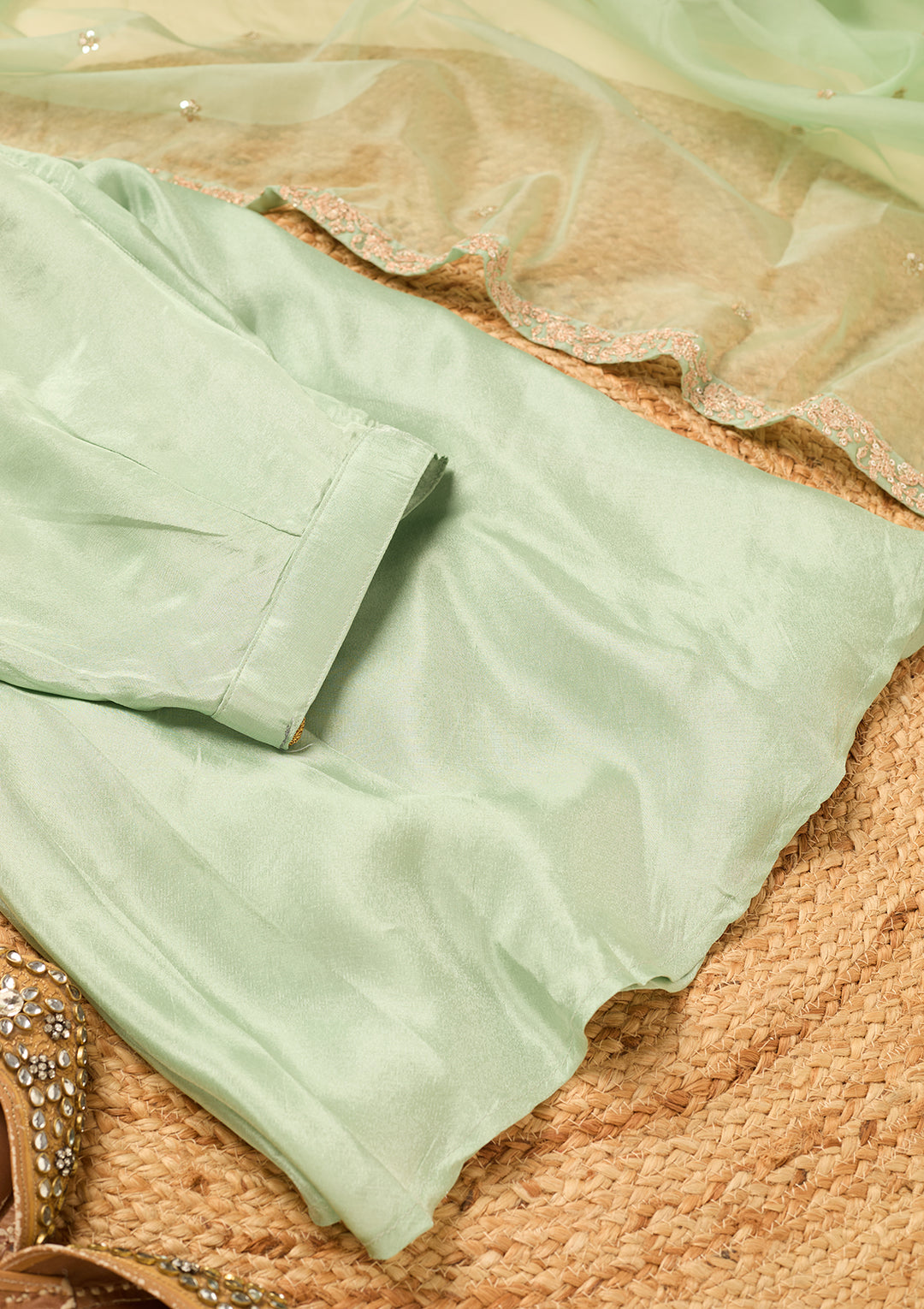 Pista Green Tissue Cutdana Straight Kurta With Sharara And Dupatta