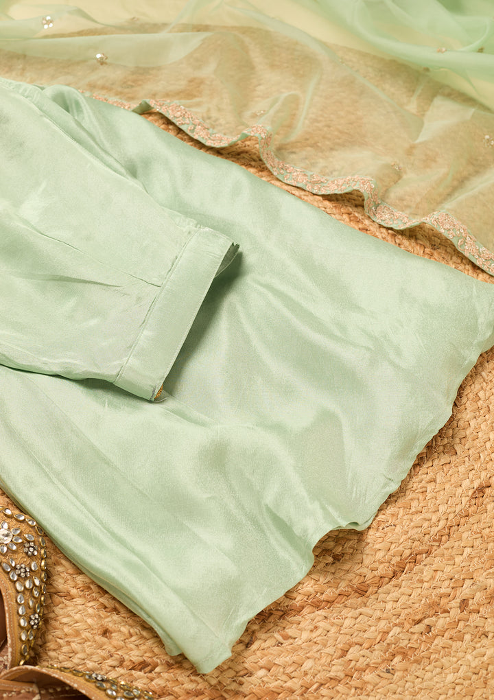 Pista Green Tissue Cutdana Straight Kurta With Sharara And Dupatta