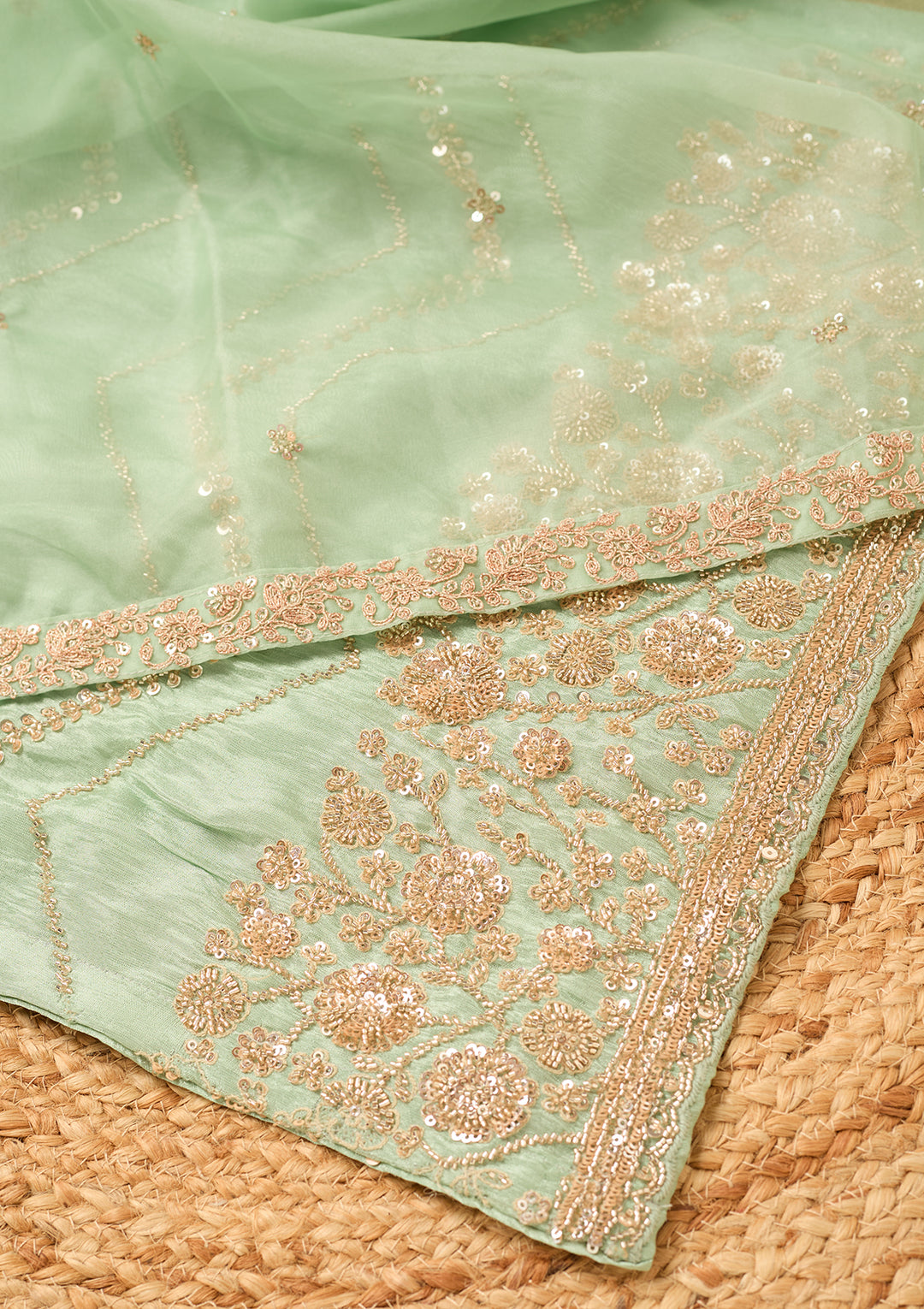 Pista Green Tissue Cutdana Straight Kurta With Sharara And Dupatta