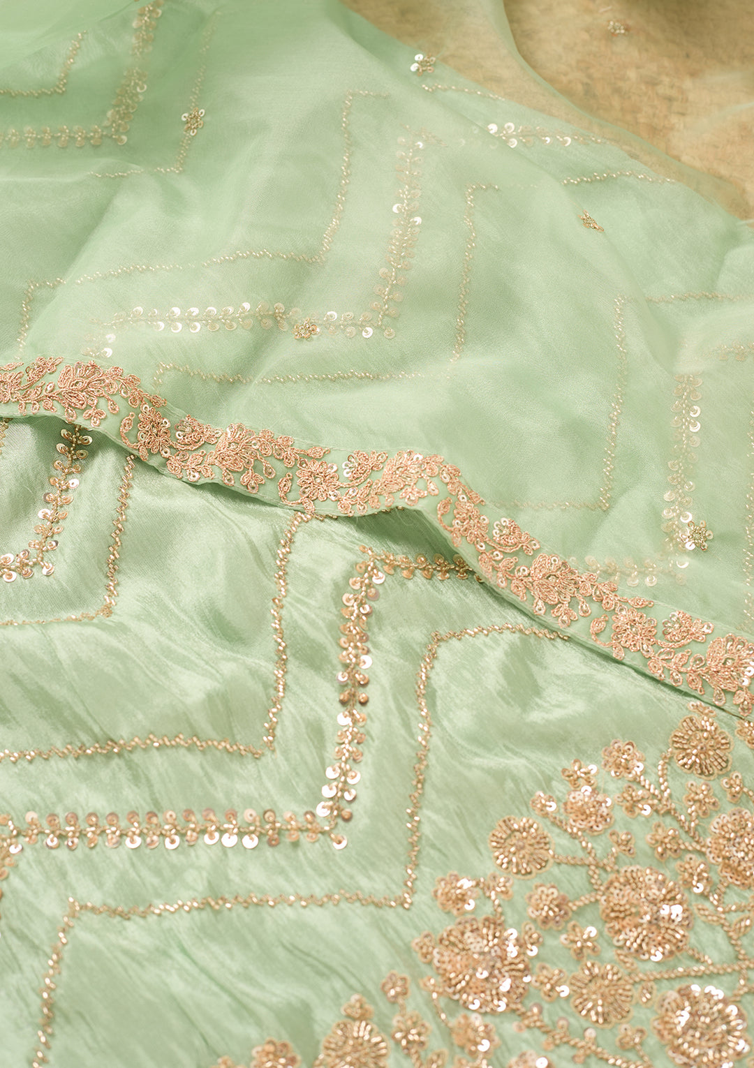 Pista Green Tissue Cutdana Straight Kurta With Sharara And Dupatta
