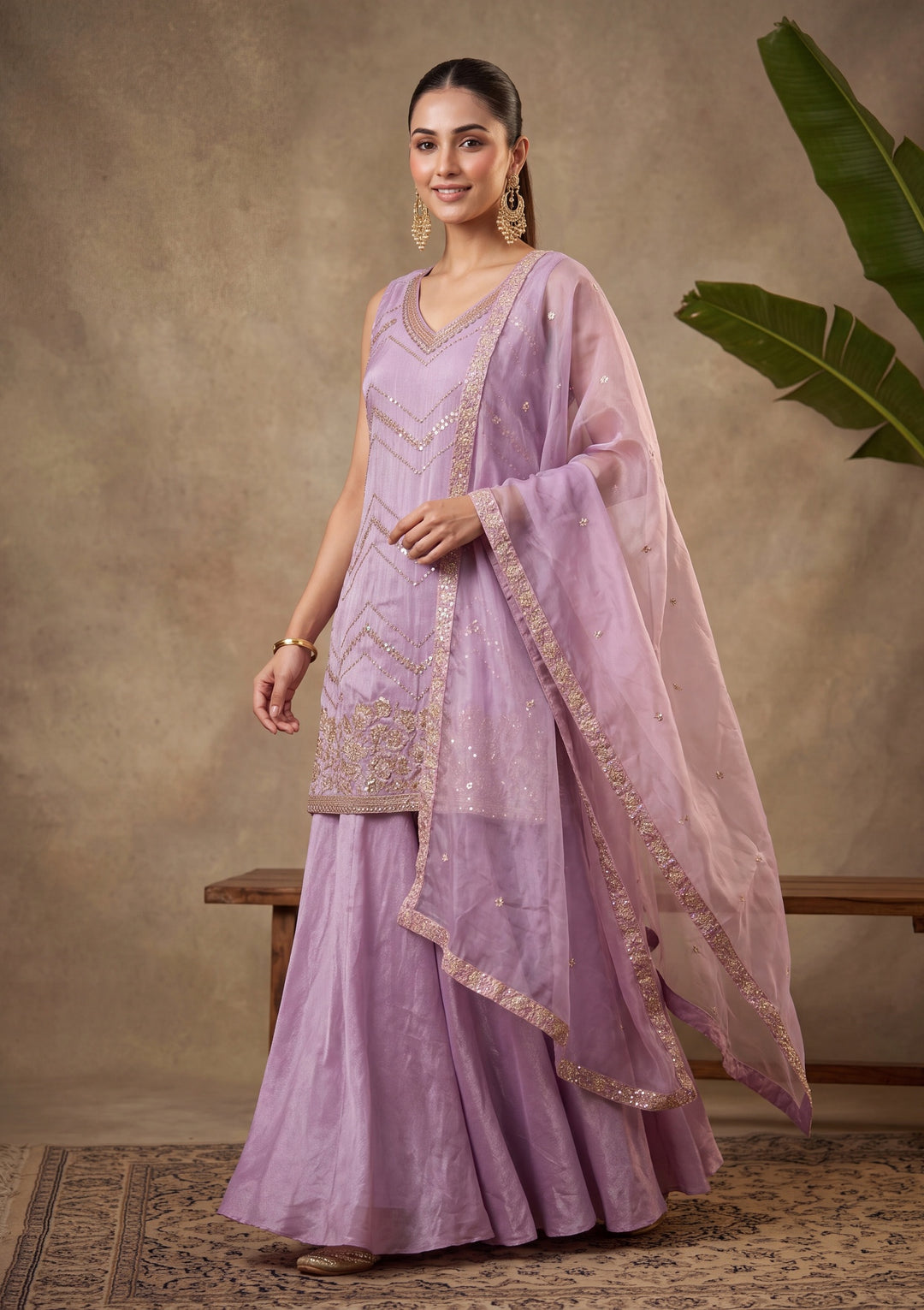 Purple Cutdana Tissue Readymade Salwar Suit