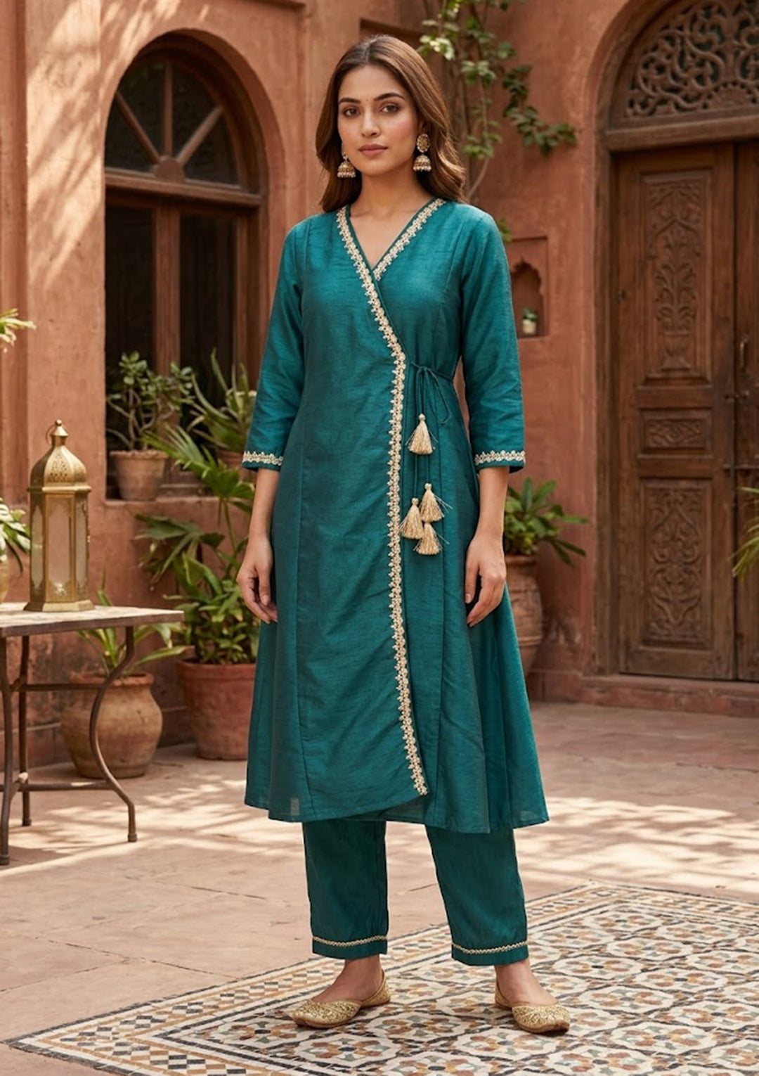 Bottle Green Art Silk Cording A Line Kurta With Pant Regular And Dupatta