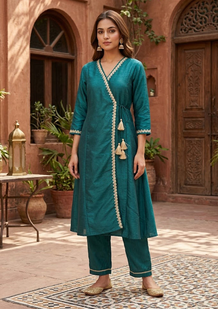 Bottle Green Art Silk Cording A Line Kurta With Pant Regular And Dupatta