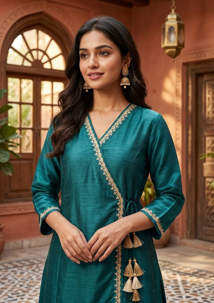 Bottle Green Art Silk Cording A Line Kurta With Pant Regular And Dupatta