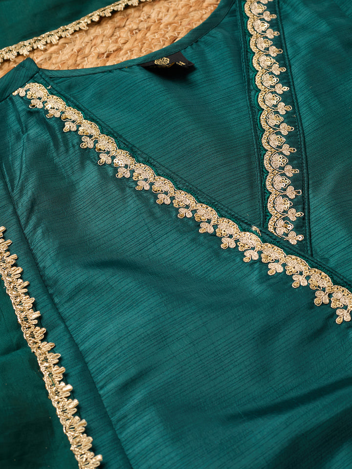 Bottle Green Art Silk Cording A Line Kurta With Pant Regular And Dupatta
