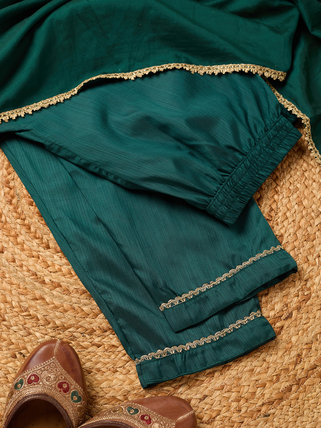 Bottle Green Art Silk Cording A Line Kurta With Pant Regular And Dupatta