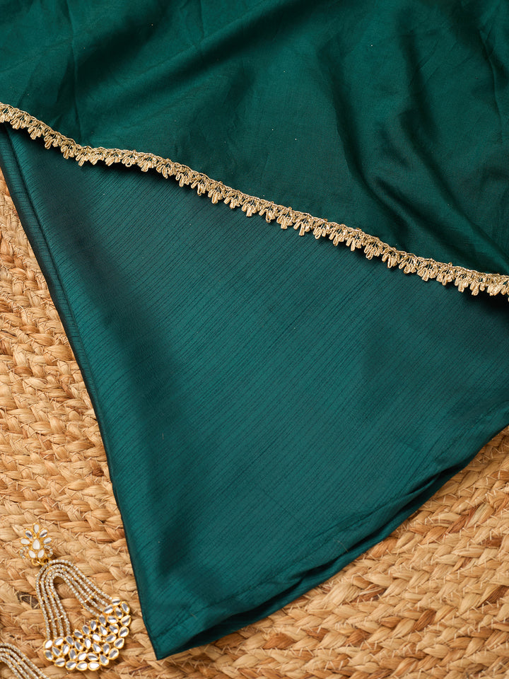 Bottle Green Art Silk Cording A Line Kurta With Pant Regular And Dupatta