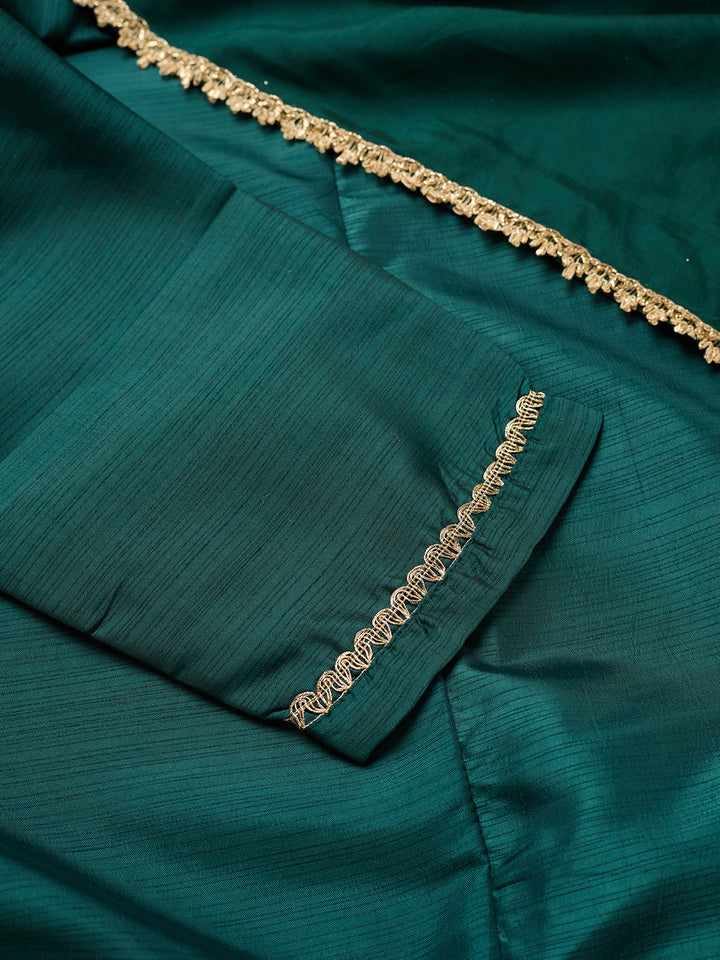 Bottle Green Art Silk Cording A Line Kurta With Pant Regular And Dupatta