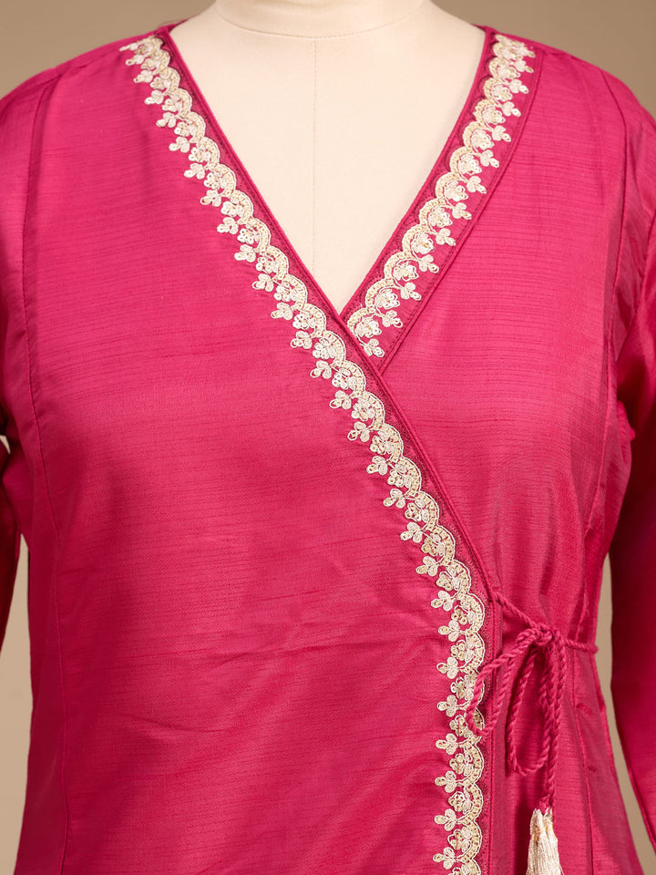 Red Art Silk Cording A Line Kurta With Pant Regular And Dupatta