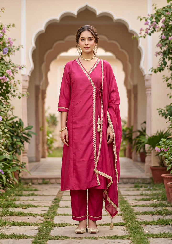 Magenta Pink Art Silk Cording A Line Kurta With Pant Regular And Dupatta