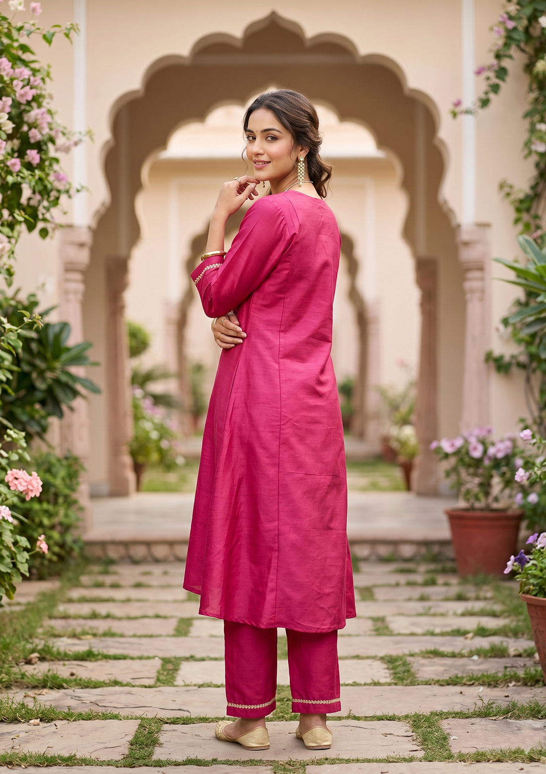 Red Art Silk Cording A Line Kurta With Pant Regular And Dupatta