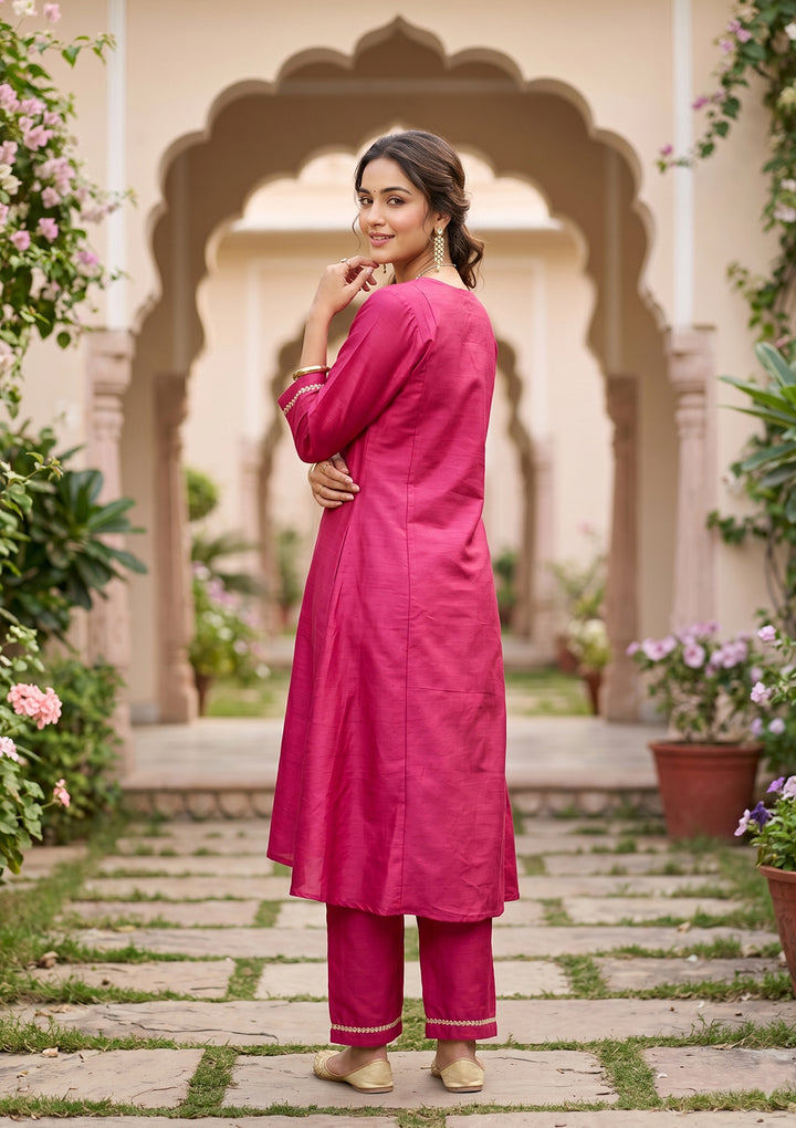 Red Art Silk Cording A Line Kurta With Pant Regular And Dupatta