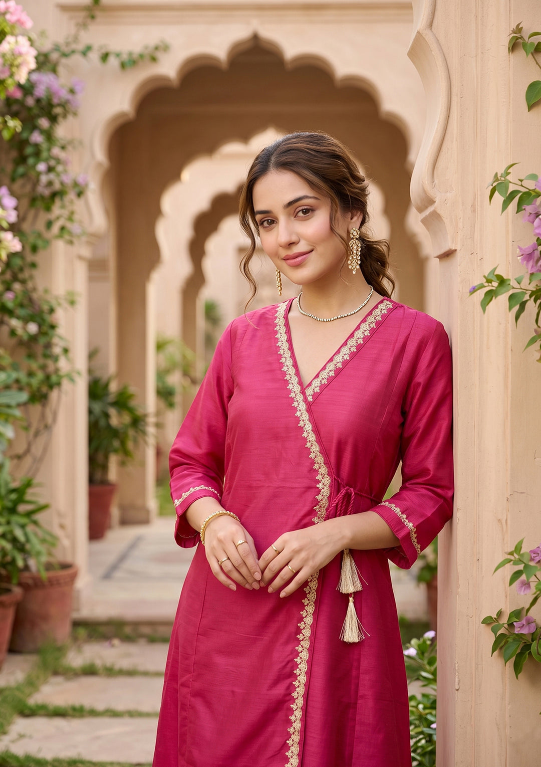 Red Art Silk Cording A Line Kurta With Pant Regular And Dupatta