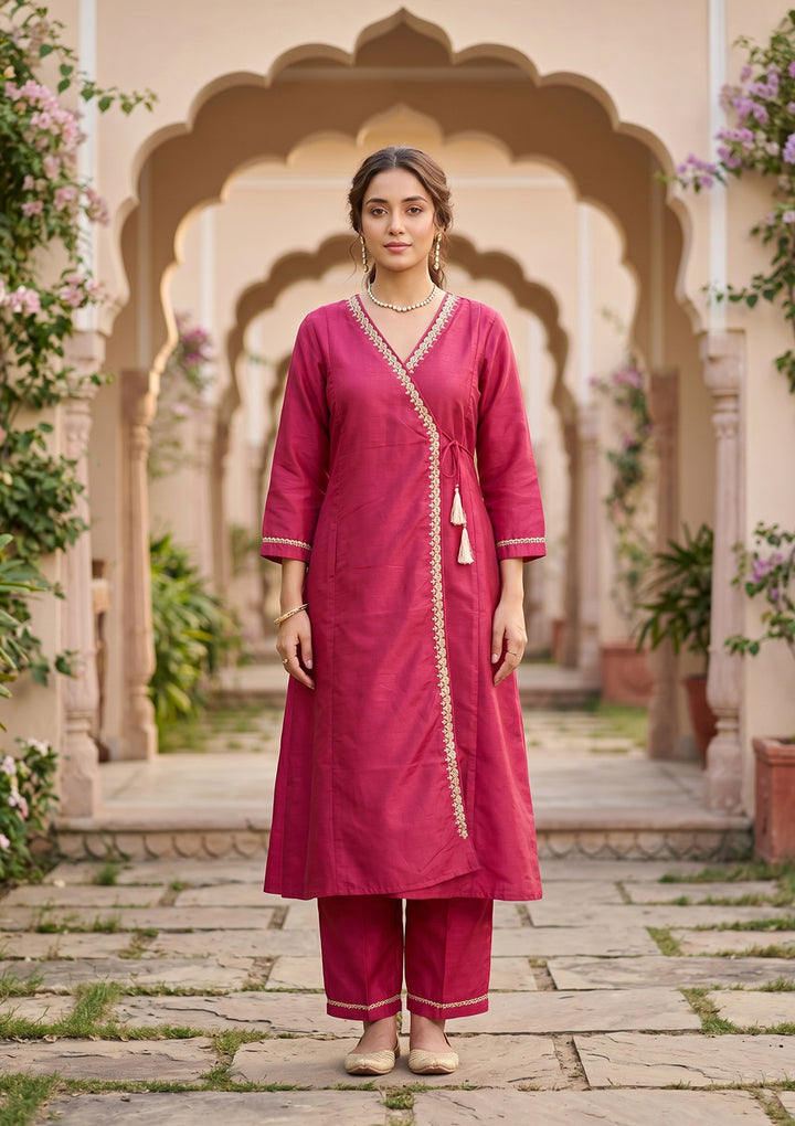 Red Art Silk Cording A Line Kurta With Pant Regular And Dupatta