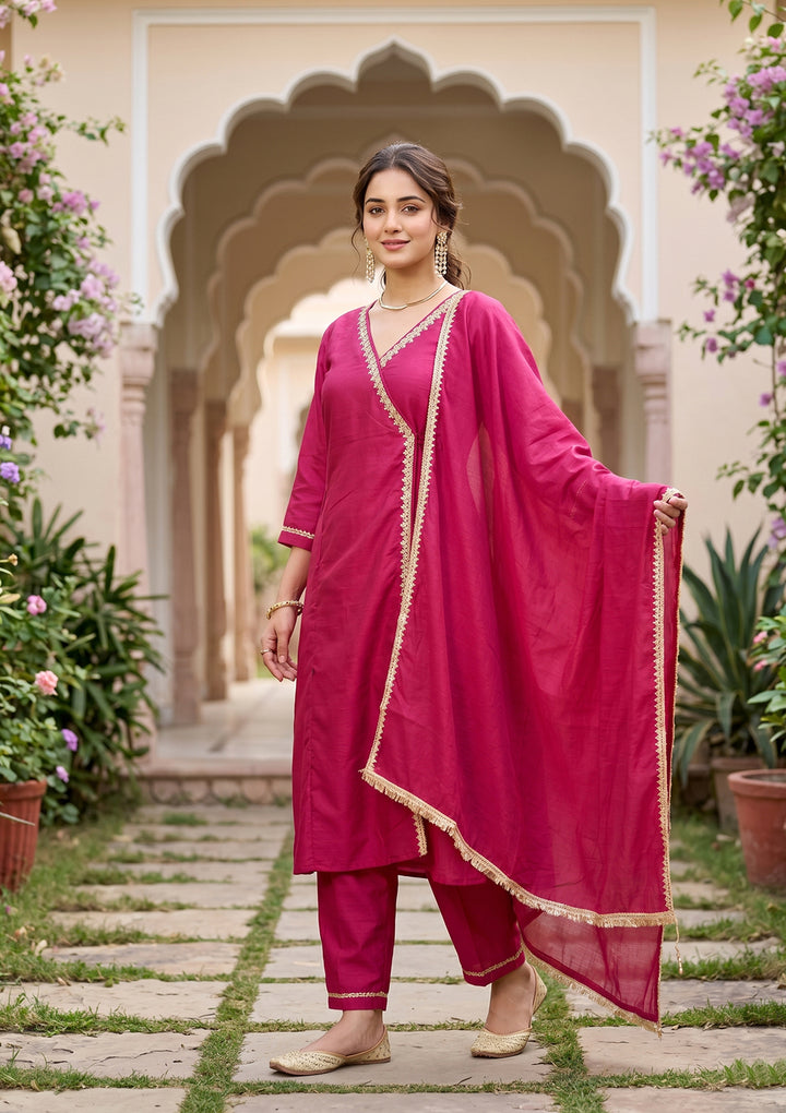 Red Art Silk Cording A Line Kurta With Pant Regular And Dupatta