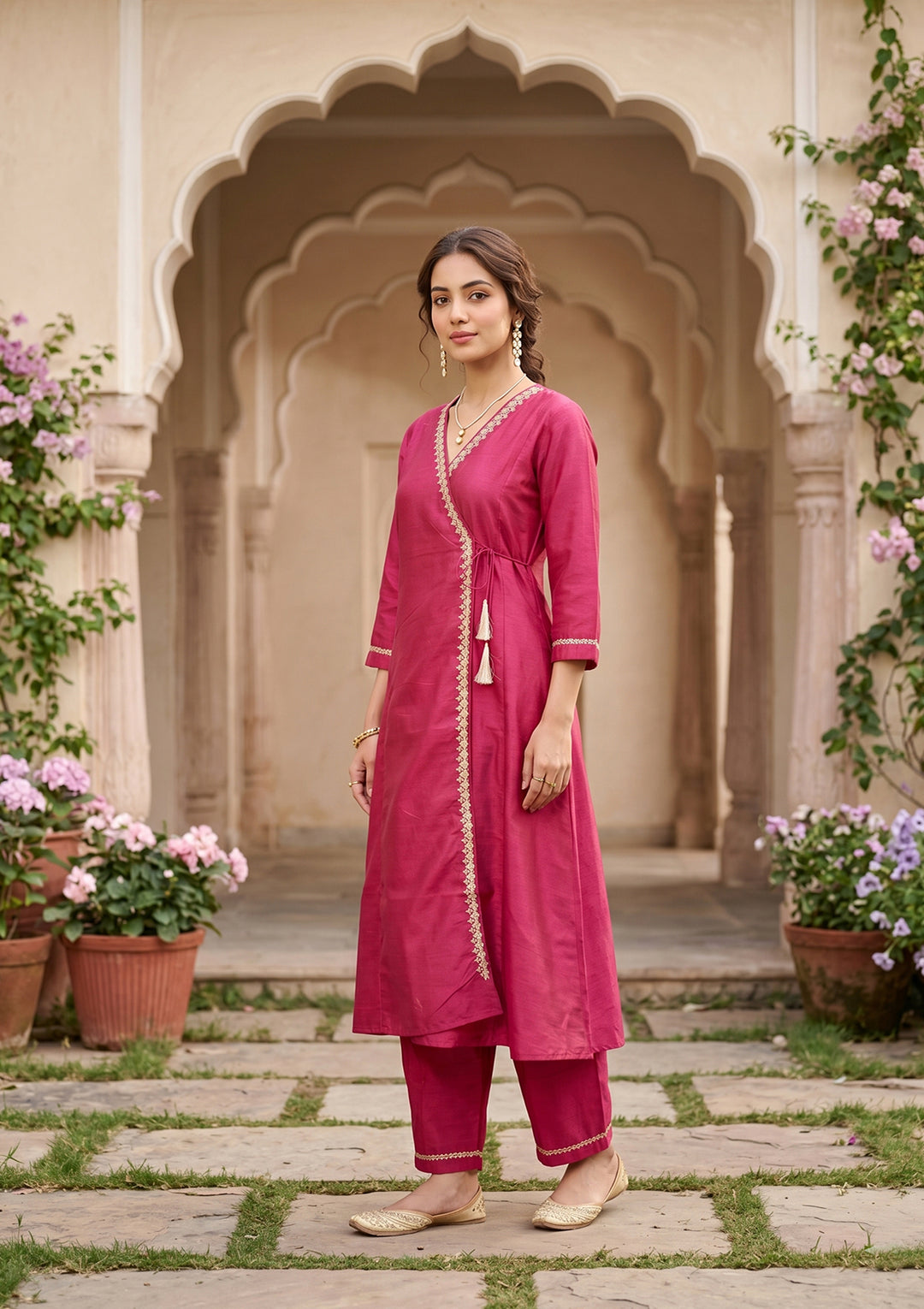 Red Art Silk Cording A Line Kurta With Pant Regular And Dupatta