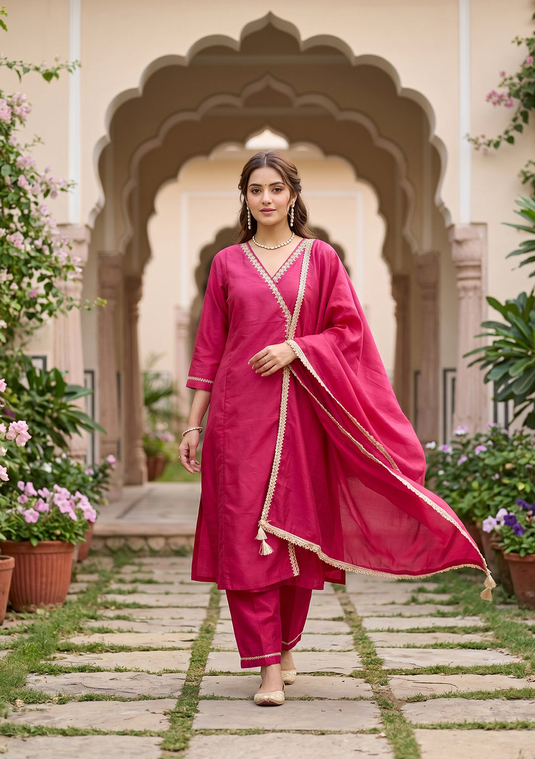 Red Art Silk Cording A Line Kurta With Pant Regular And Dupatta