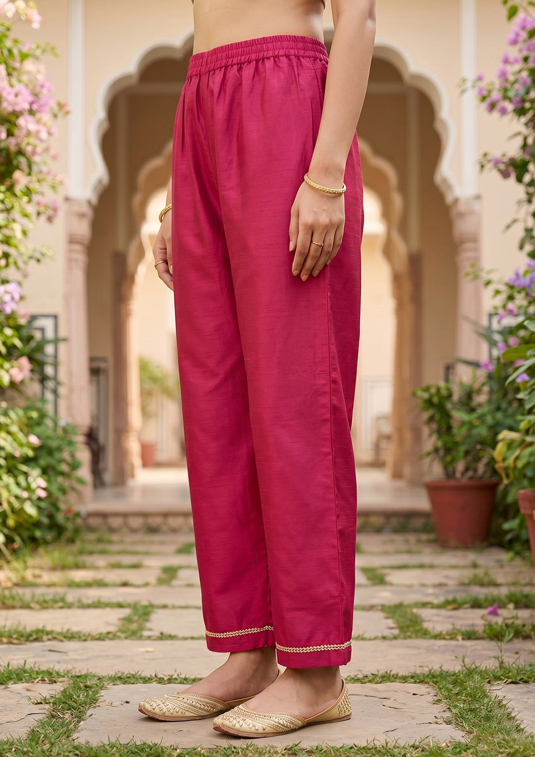 Red Art Silk Cording A Line Kurta With Pant Regular And Dupatta