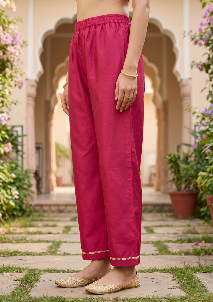 Red Art Silk Cording A Line Kurta With Pant Regular And Dupatta