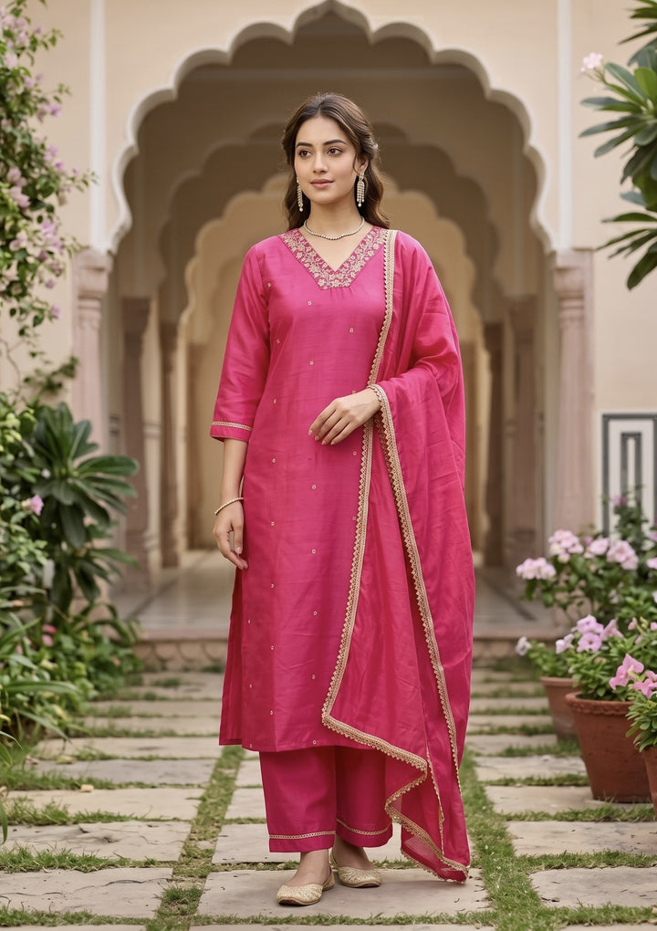 Magenta Pink Art Silk Cording Straight Kurta With Regular Pant And Dupatta