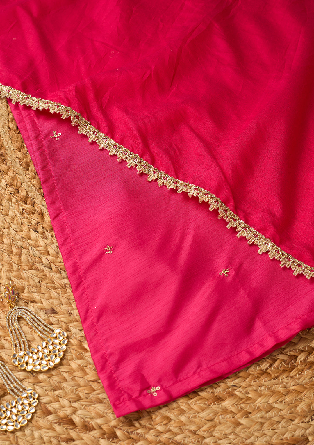 Magenta Pink Art Silk Cording Straight Kurta With Regular Pant And Dupatta