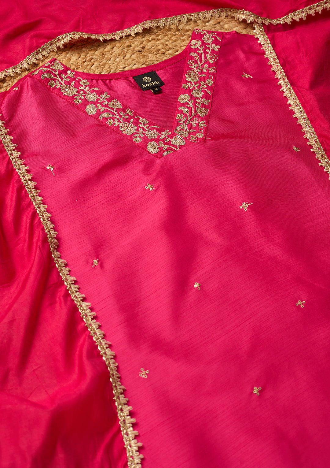 Magenta Pink Art Silk Cording Straight Kurta With Regular Pant And Dupatta
