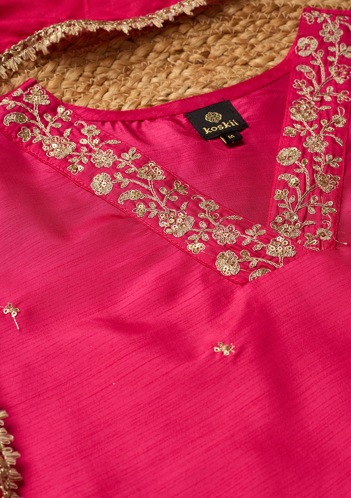 Magenta Pink Art Silk Cording Straight Kurta With Regular Pant And Dupatta
