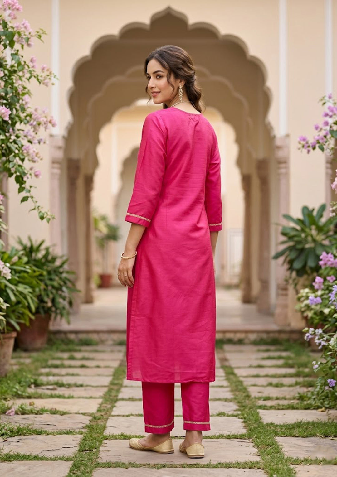 Magenta Pink Art Silk Cording Straight Kurta With Regular Pant And Dupatta