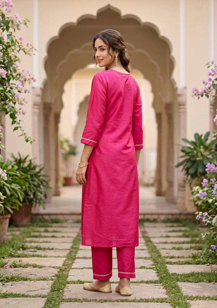 Magenta Pink Art Silk Cording Straight Kurta With Regular Pant And Dupatta