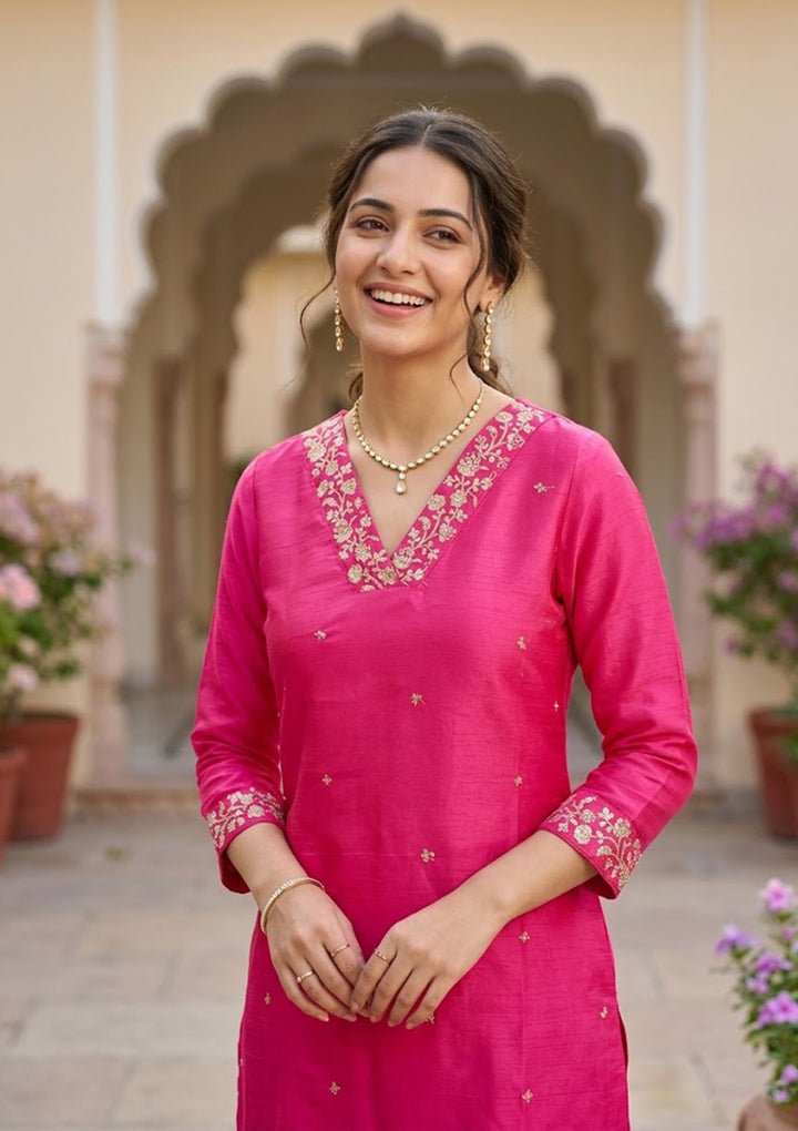 Magenta Pink Art Silk Cording Straight Kurta With Regular Pant And Dupatta