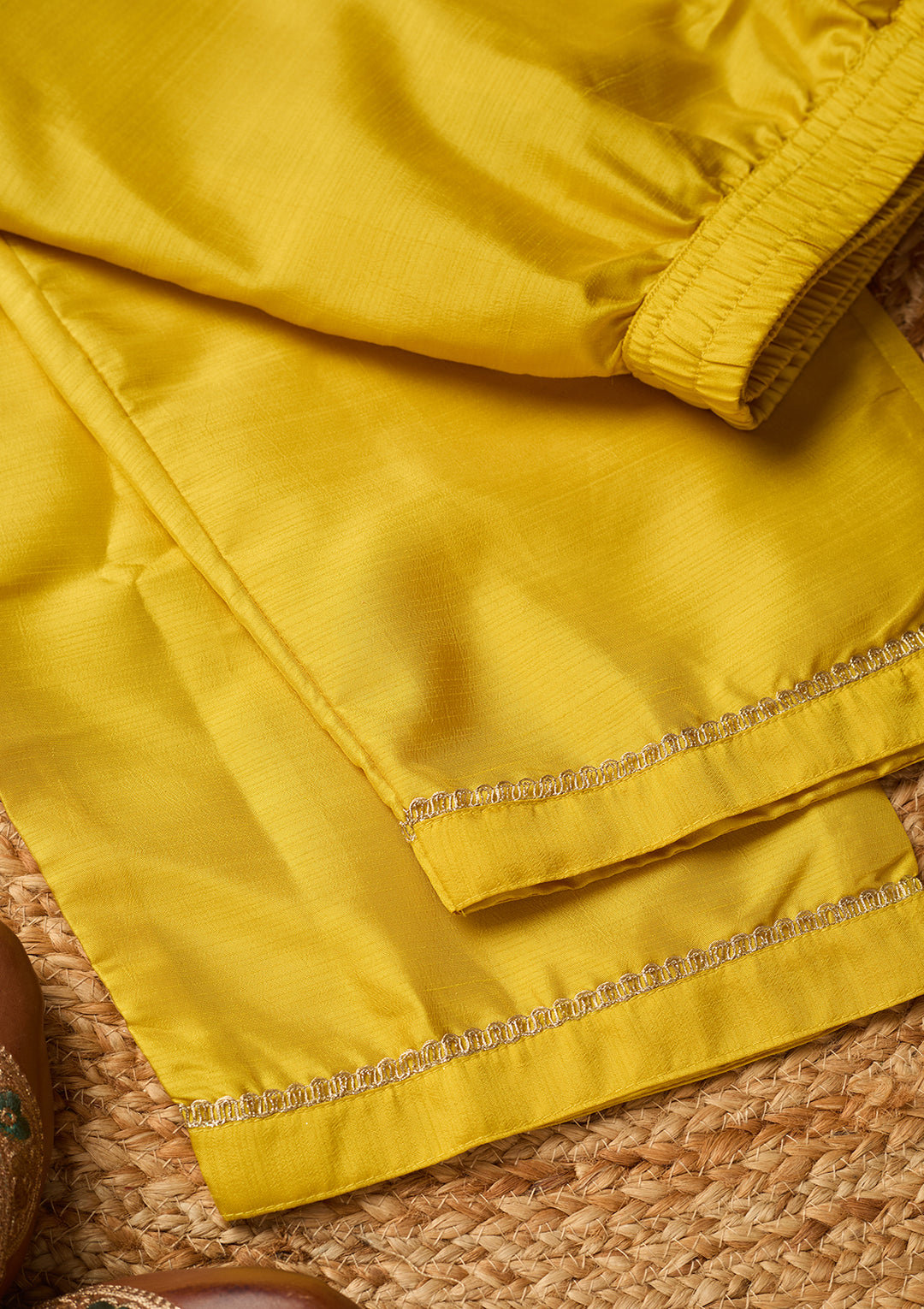 Yellow Art Silk Cording Straight Kurta With Pant Regular And Dupatta