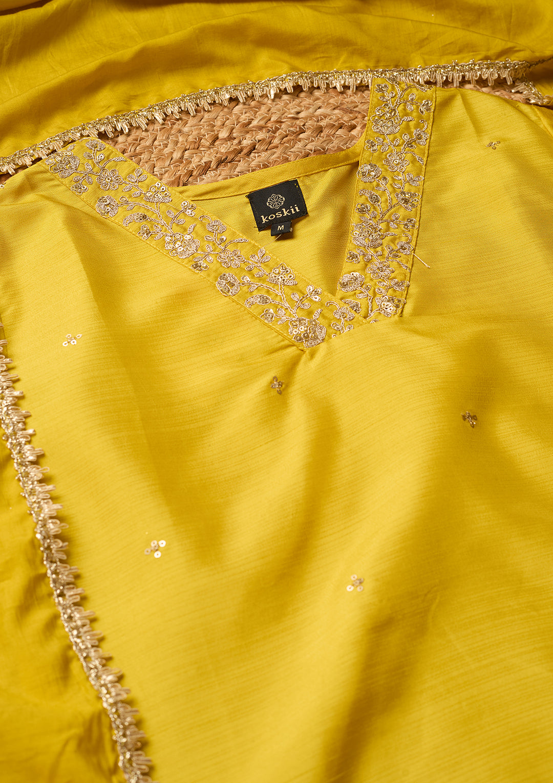Yellow Art Silk Cording Straight Kurta With Pant Regular And Dupatta