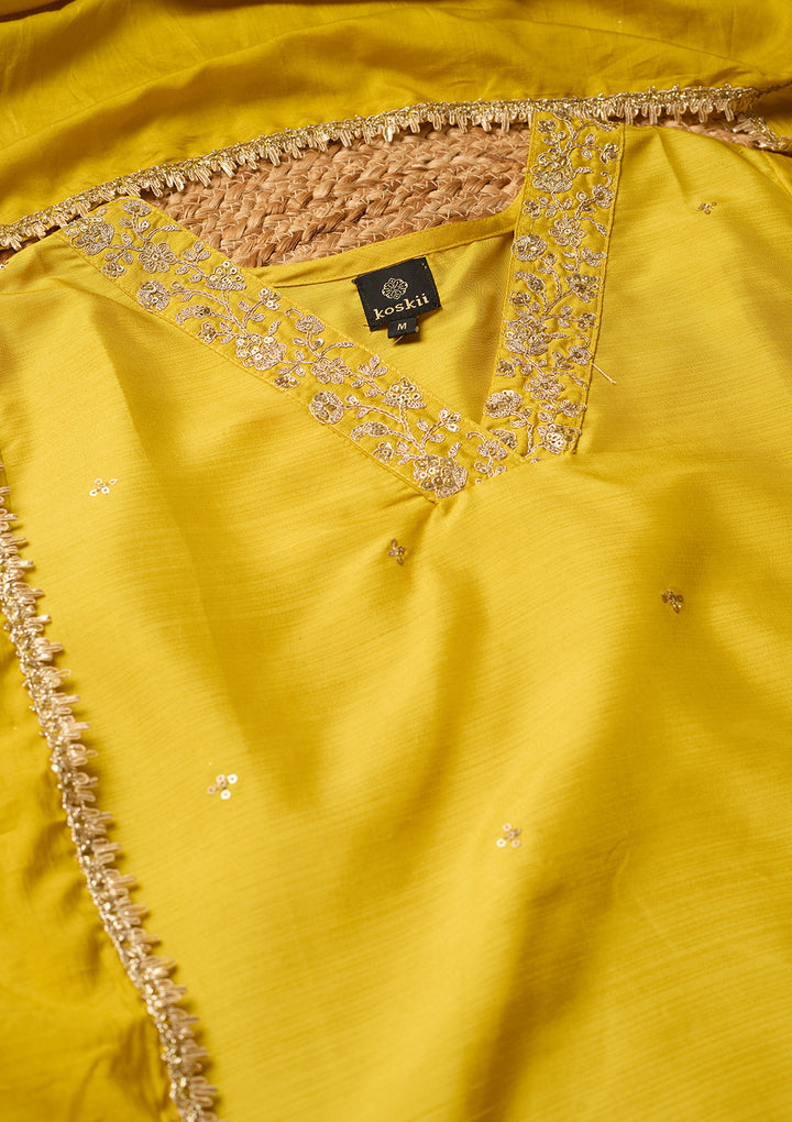 Yellow Art Silk Cording Straight Kurta With Pant Regular And Dupatta