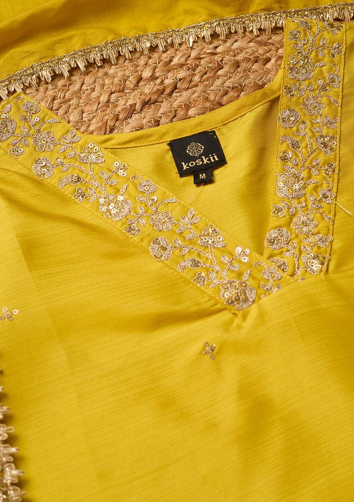 Yellow Art Silk Cording Straight Kurta With Pant Regular And Dupatta