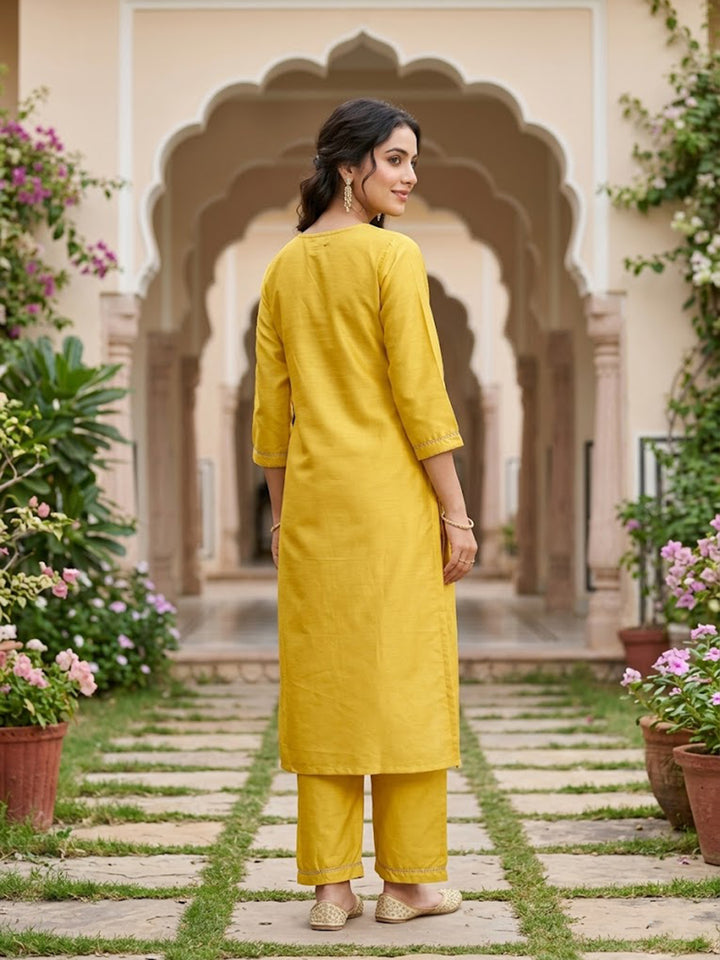 Yellow Art Silk Cording Straight Kurta With Pant Regular And Dupatta