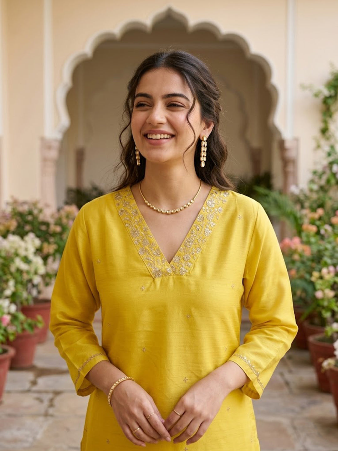 Yellow Art Silk Cording Straight Kurta With Pant Regular And Dupatta