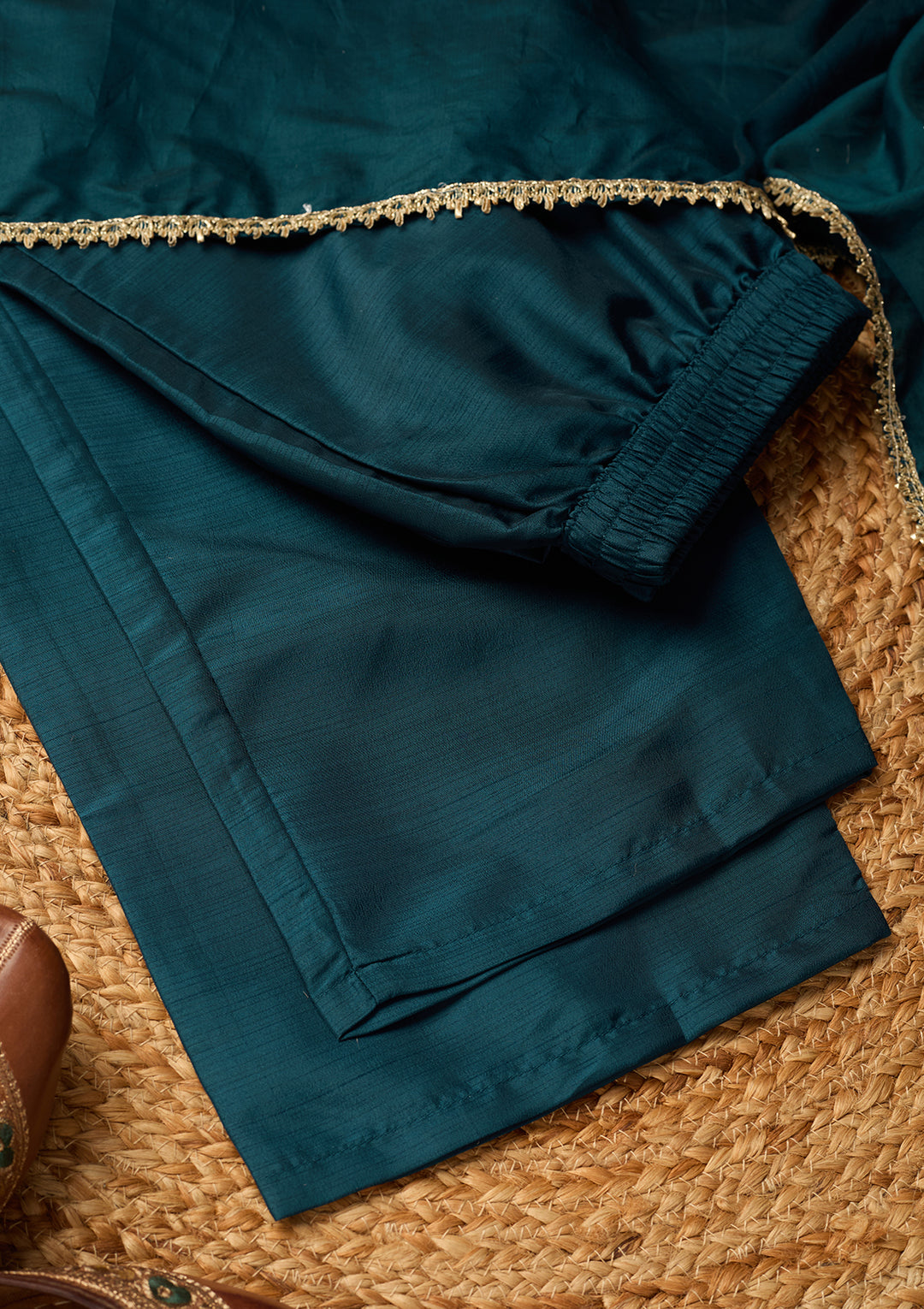 Peacock Blue Art Silk Cording A Line Kurta With Pant Regular And Dupatta
