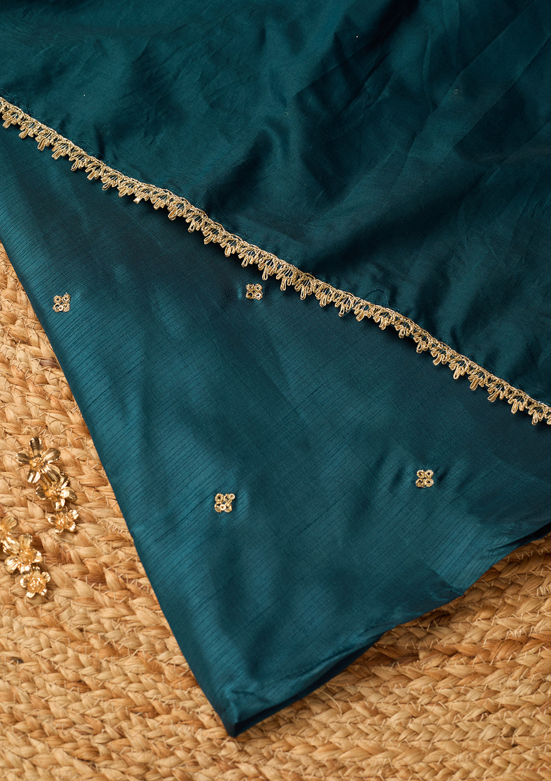 Peacock Blue Art Silk Cording A Line Kurta With Pant Regular And Dupatta
