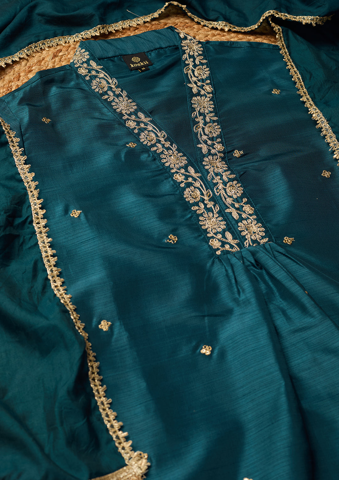 Peacock Blue Art Silk Cording A Line Kurta With Pant Regular And Dupatta